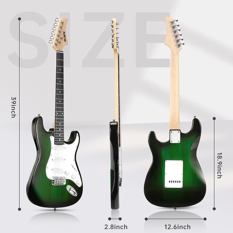 SUSEN Electric Guitar, 39 Inch Solid Full-size Electric Guitar S-S-S Pickups Starter Kit Includes Amplifier, Bag, Digital Tuner, Strap, String, Cable, Picks，Mini AMP（Green (Green) - Image 5